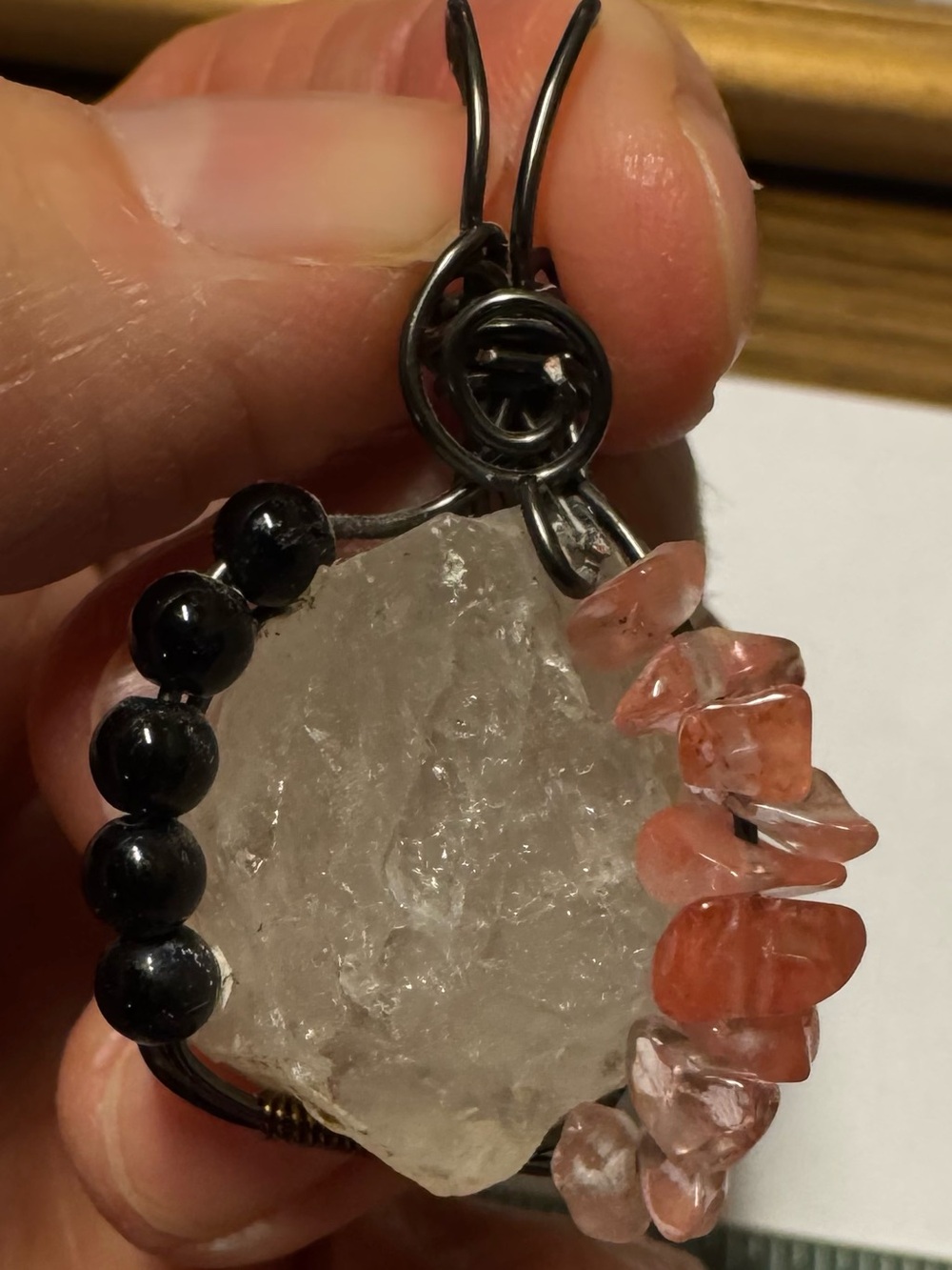 Quartz Pendant W/Rose Quartz Chips & Obsidian Beads In A Black Wire Wrap